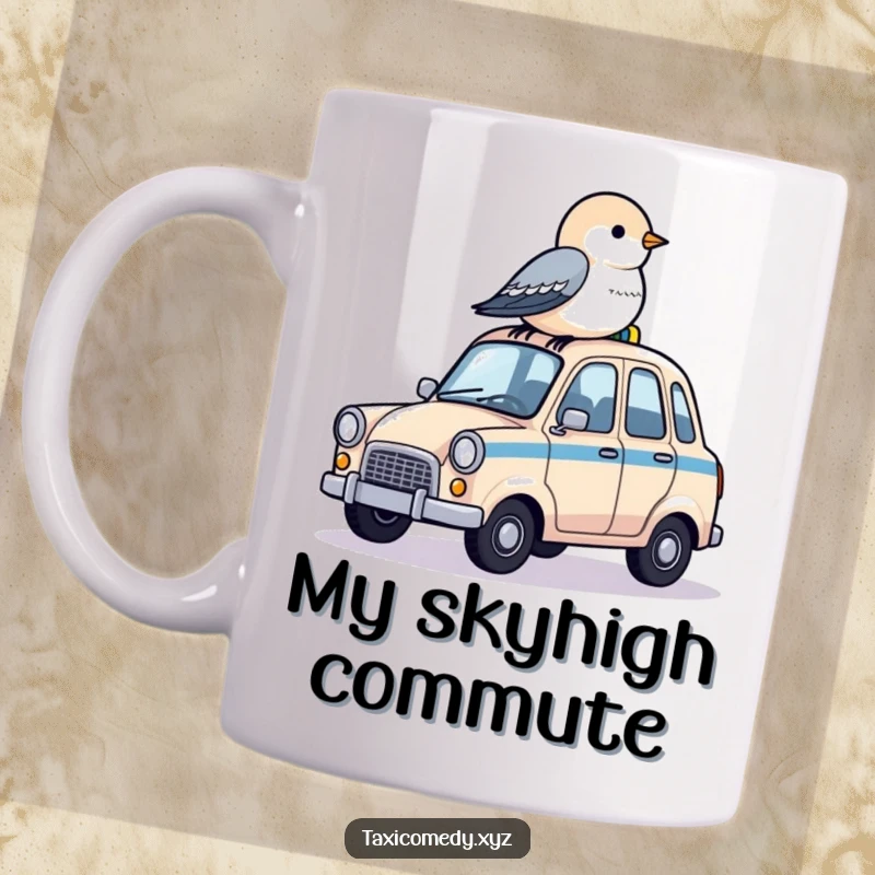 Funny mug featuring a small bird resting on the roof of a miniature taxi, creating a cute scene.