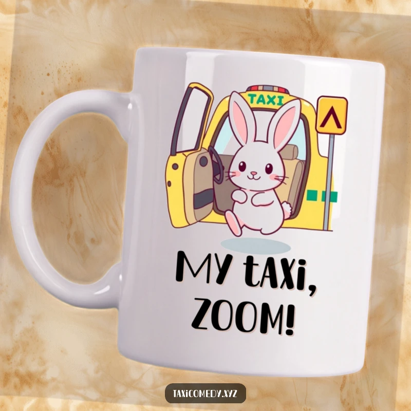 Funny rabbit eagerly hopping into an open taxi door on a mug.
