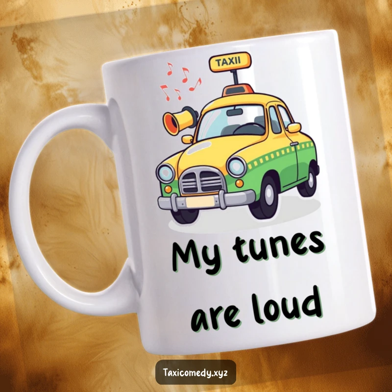 Funny Musical Taxi Mug featuring a whimsical taxi horn emitting cheerful musical notes, bringing a joyful and humorous vibe.