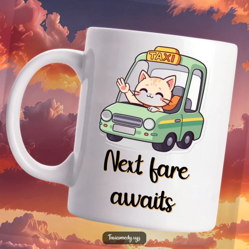 Funny mug art: a cat driver in a taxi waves goodbye to a passenger, capturing a humorous farewell scene.