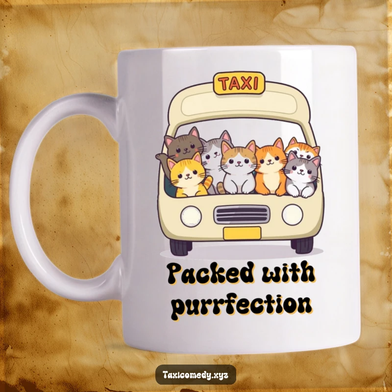 Funny cat taxi mug showing a cheerful group of cats packed tightly together in a taxi, enjoying a communal ride with humor.