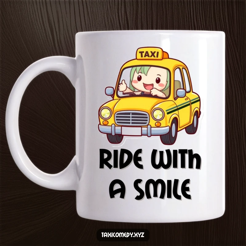 Funny Taxi Driver Mug showing a cheerful taxi driver with a big smile giving a thumbs-up, ready for a hilarious ride.