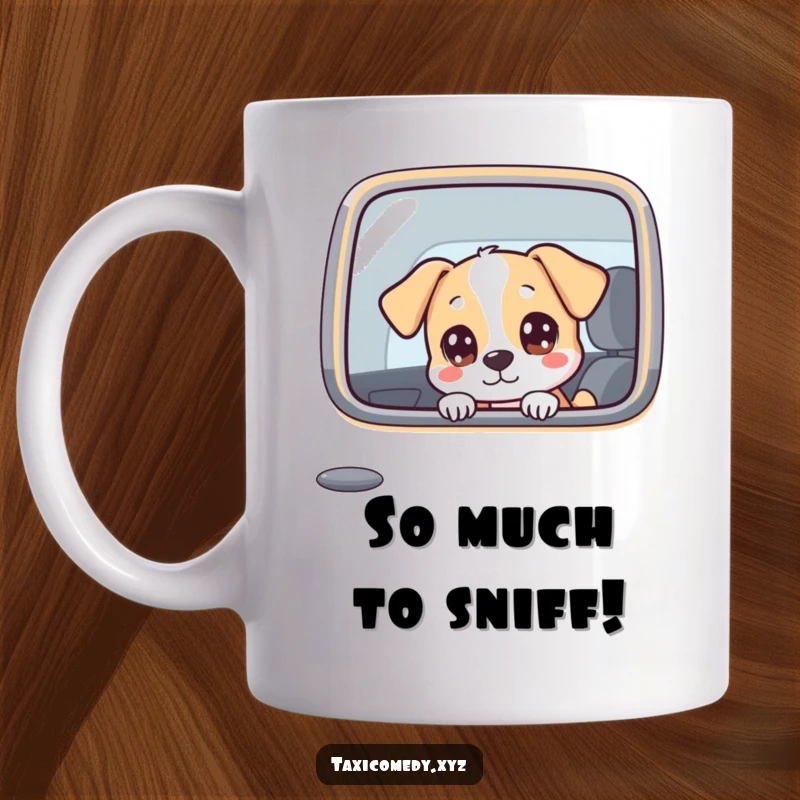 Funny dog character looking out a taxi window with wide, curious eyes, capturing a moment of humorous wonder.