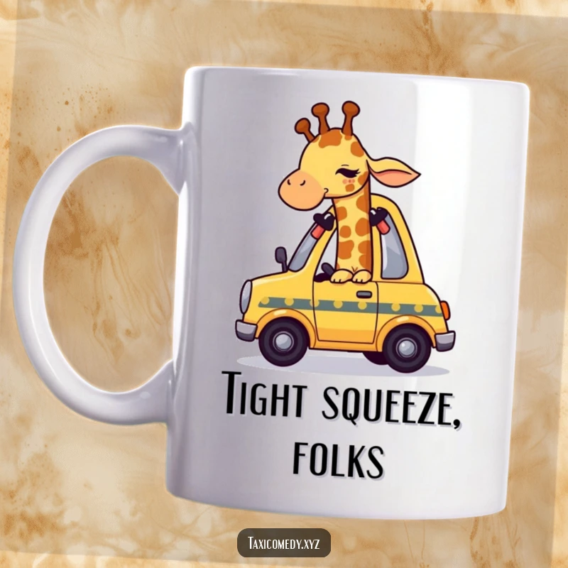 Funny giraffe character humorously squeezing its long neck and body into a small yellow taxi.