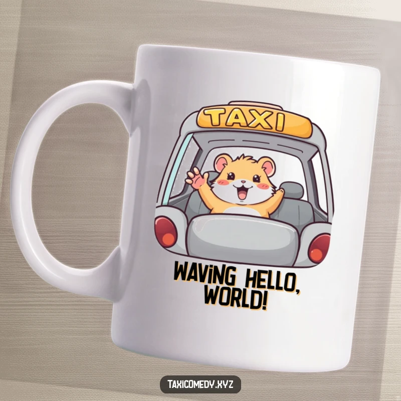 Funny hamster in taxi mug, tiny rodent waving from backseat, cheerful and humorous depiction of a small passenger.