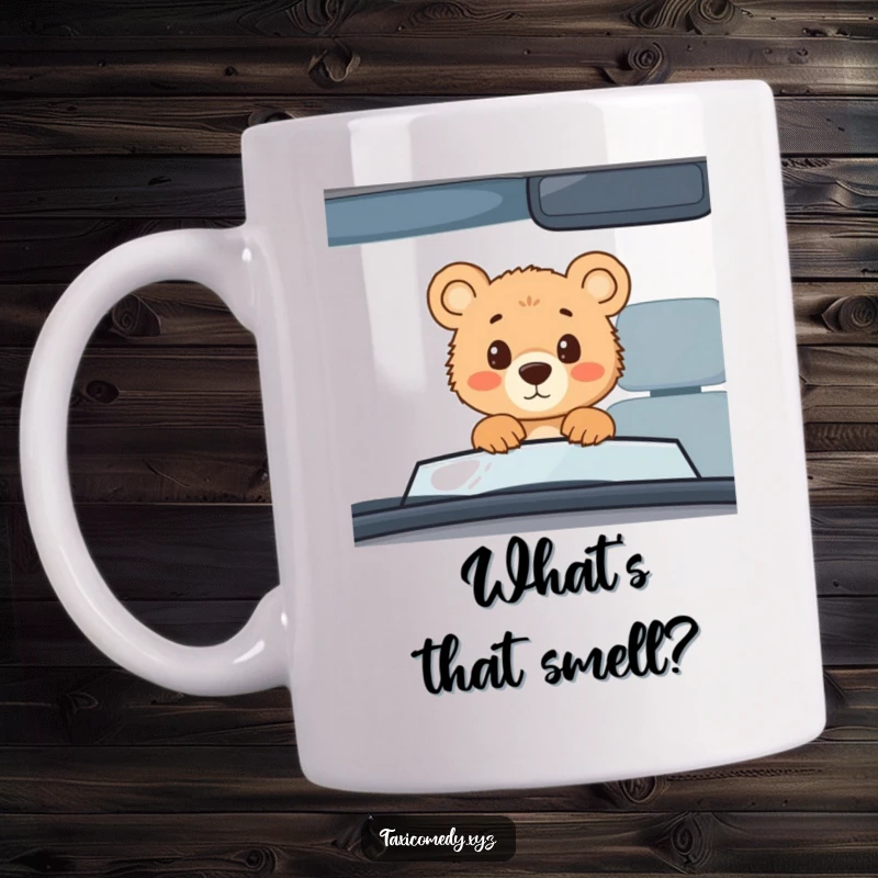 Funny bear cub in taxi mug, young bear cub peering curiously through windshield, innocent and humorous wildlife scene.
