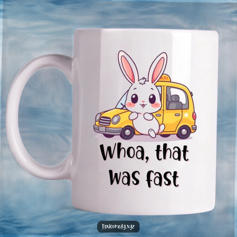 Funny rabbit mug featuring a surprised bunny witnessing a taxi speeding past happily. A humorous depiction of urban life.