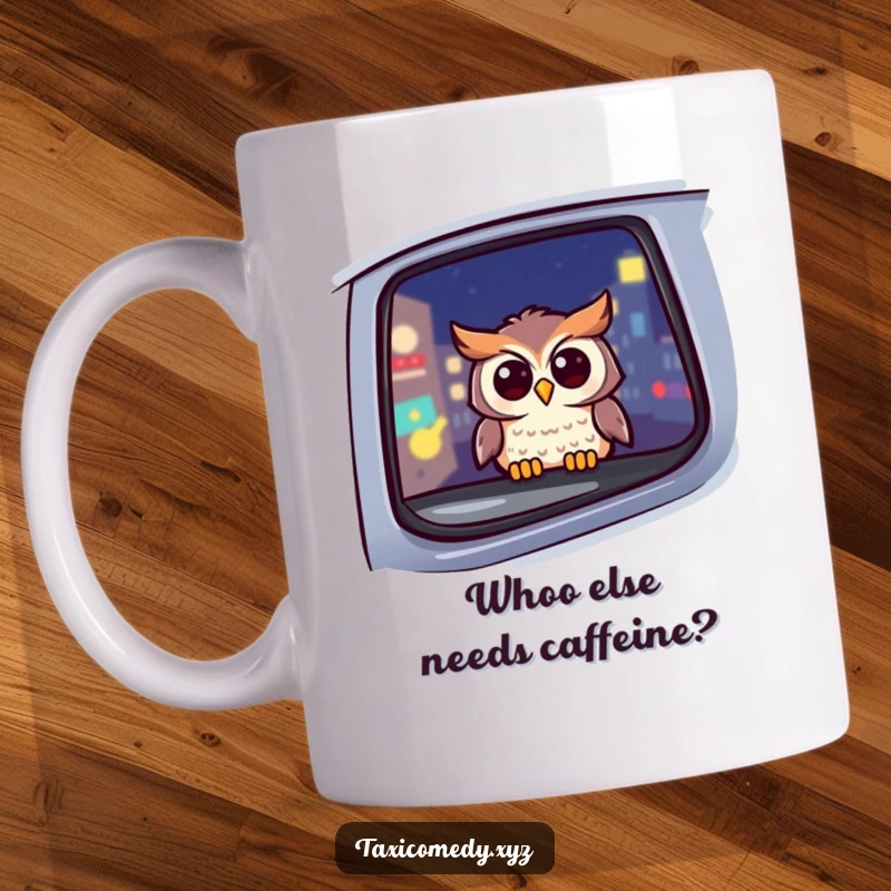 Funny owl mug showing a happy owl peeking out a taxi window at night, illustrating a moment of urban wildlife adventure.