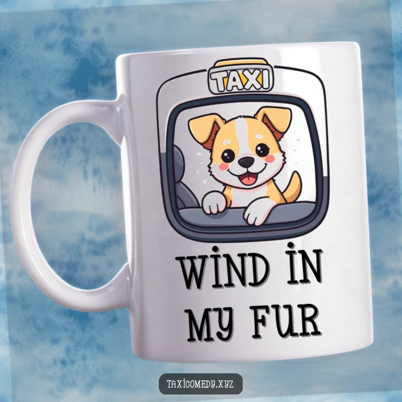 Funny dog with its head out of a taxi window, tongue lolling, on a mug.
