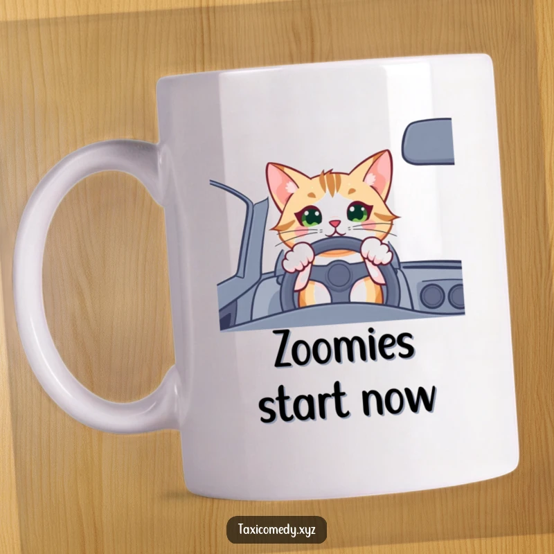 Funny cat driver mug, a cheerful cat gripping a steering wheel, looking excited for a fun road trip adventure.