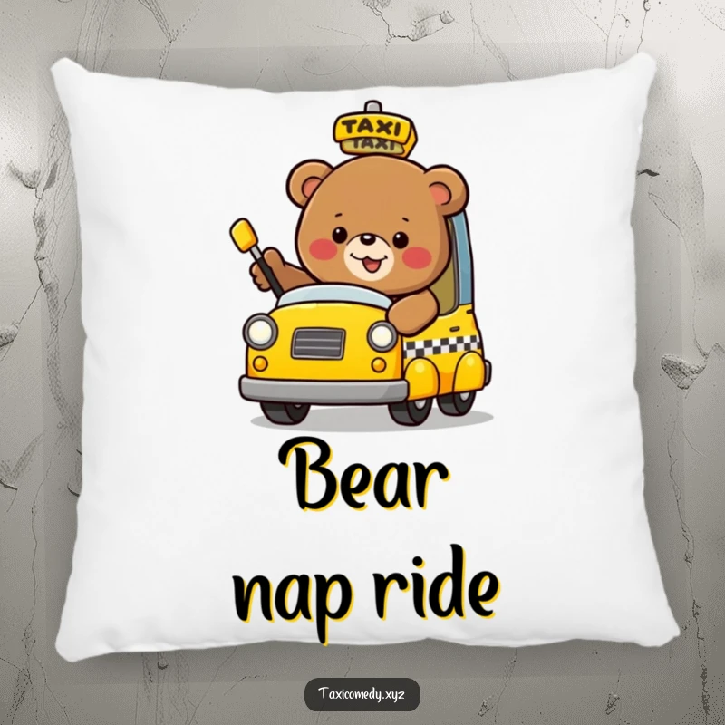 A soft pillow featuring a funny, happy bear flagging down a whimsical taxi.