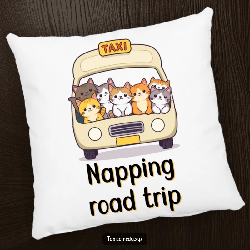 Funny cat taxi pillow showing a cheerful group of cats packed into a taxi, offering comfort and a touch of feline humor.
