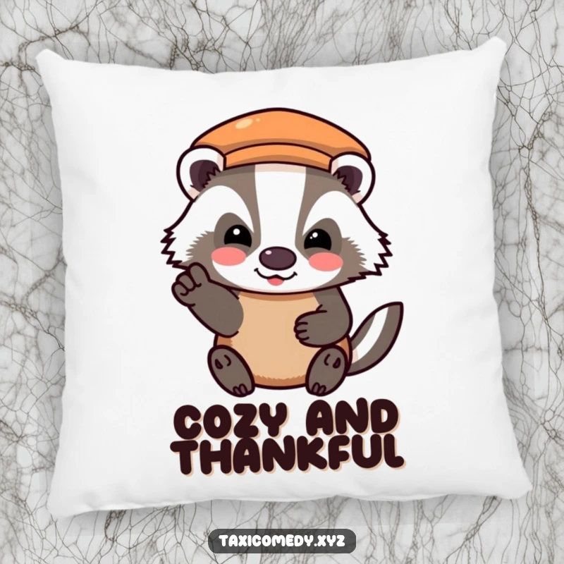 Funny pillow featuring a badger character giving a happy, grateful nod after paying the taxi fare, adding a touch of cozy humor.