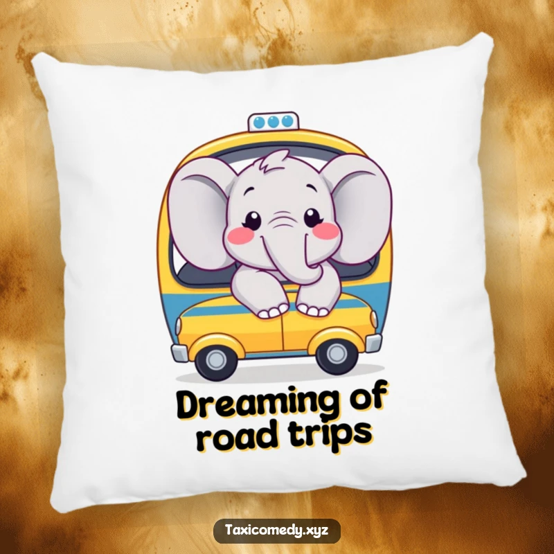 Funny pillow featuring a joyful elephant with big smiles, looking out the window of a toy taxi, offering comfort and happiness.