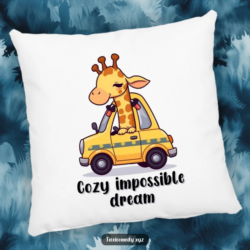 Funny giraffe character humorously squeezing into a small taxi, designed for a comfy and amusing space.