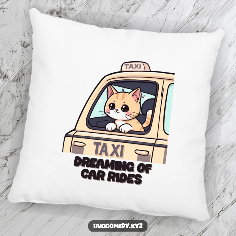 Funny Cat pillow featuring a cat passenger with its head out of a taxi window, adding a soft, humorous, and charming element.