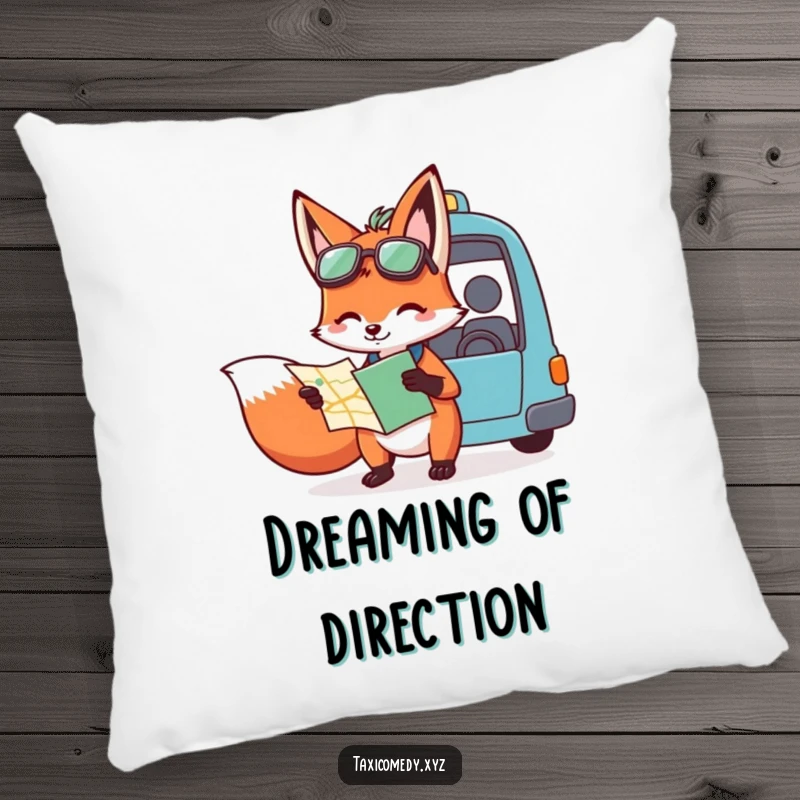 Funny decorative pillow featuring a fox with a map giving directions to a taxi driver, designed for comfort and adding a touch of intelligent humor.