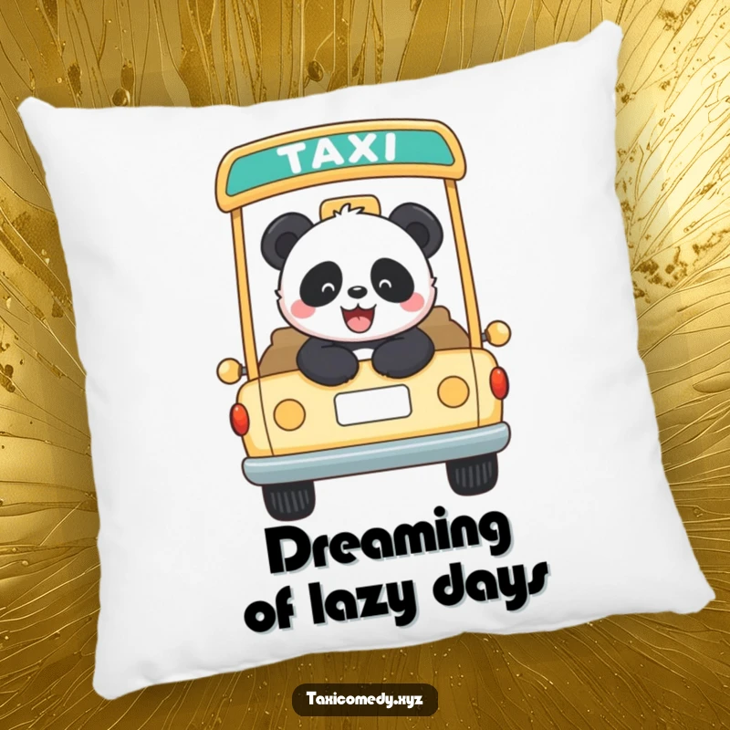 Funny panda riding in an open-top taxi, looking happy. This pillow brings comfort and humorous panda energy to your living space.