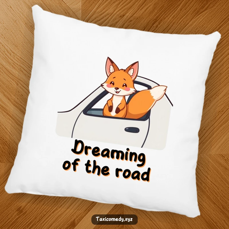 Funny fox pillow featuring a cheerful fox joyfully hanging out the window of a speeding taxi. Soft and humorous.