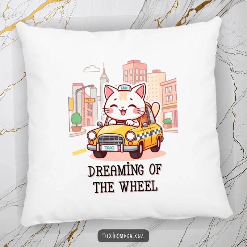 Funny decorative pillow showing a happy cat driving a taxi through a stylized urban landscape, offering humorous comfort.