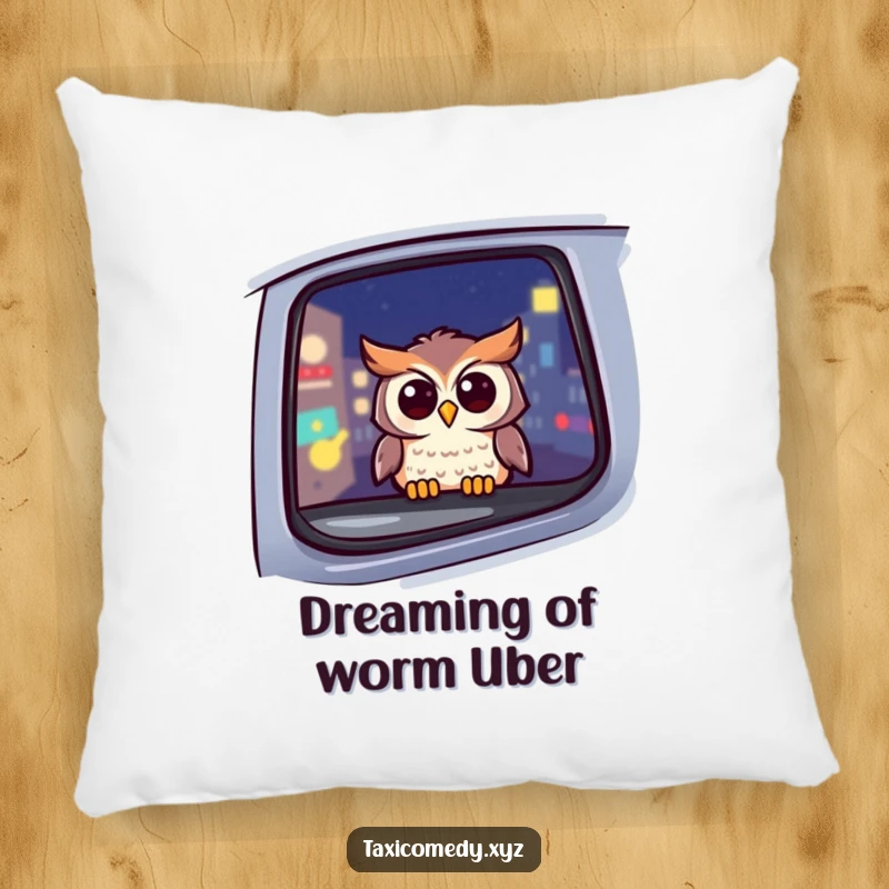 Funny owl pillow with a cheerful owl looking out a taxi window at night, providing comfort and a humorous decorative element.