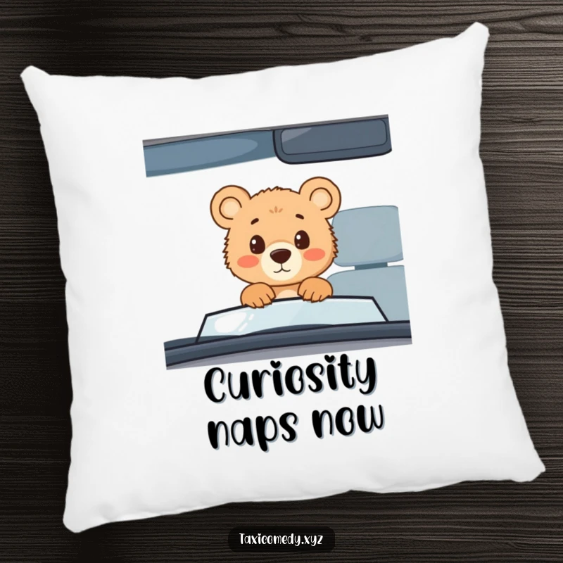 Funny bear cub taxi pillow, soft pillow showcasing a bear cub peeking through a taxi windshield, cozy humorous decor.