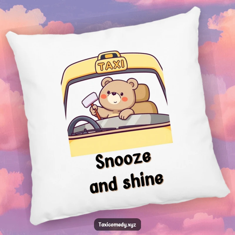 Funny bear character pillow featuring happy taxi windshield polishing, offering comfort and cheerful decor.