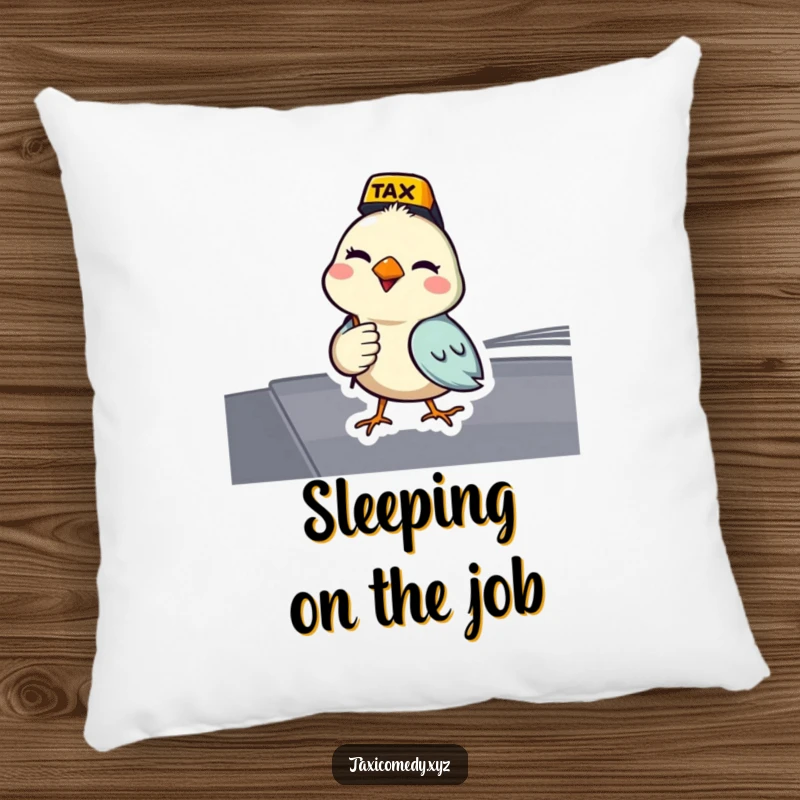 Funny bird pillow featuring a bird as a taxi driver with a playful wink. Soft and humorous.