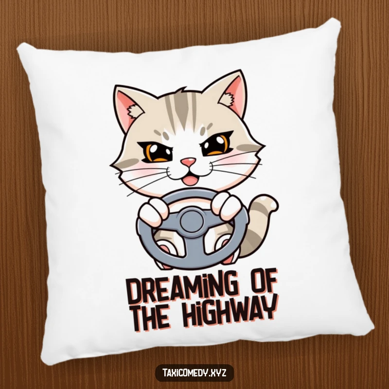 Funny cat pillow depicting a determined cat character with a grin, holding a steering wheel.