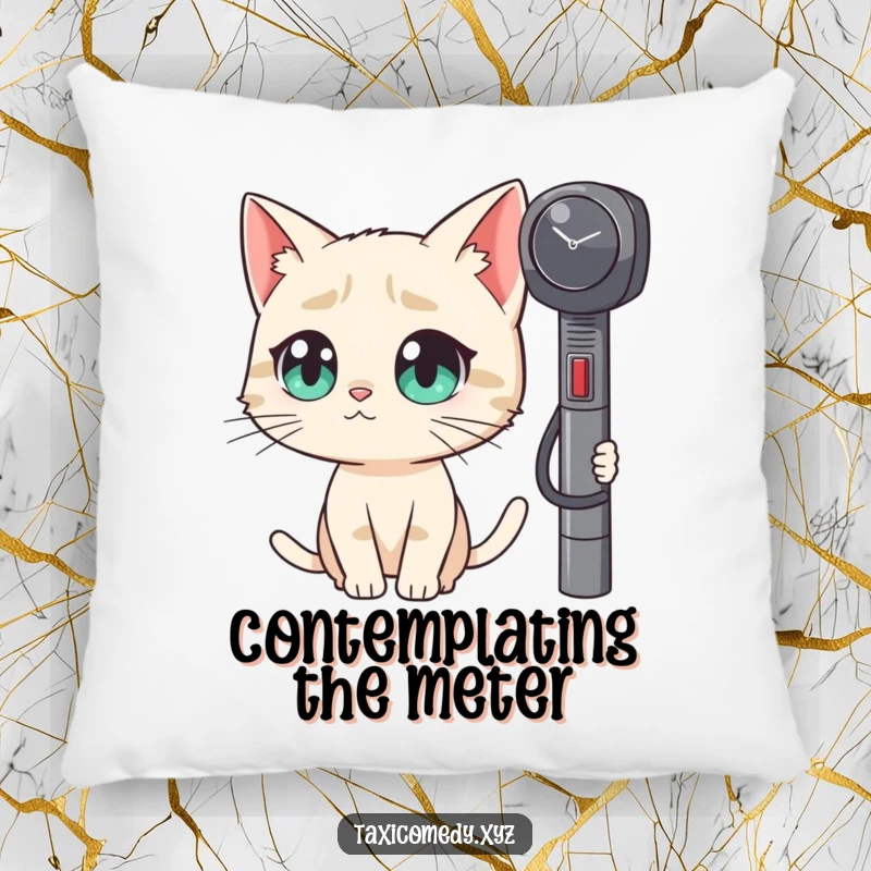 Funny decorative pillow featuring a cat with large, curious eyes fixated on a taxi meter, offering humorous comfort.