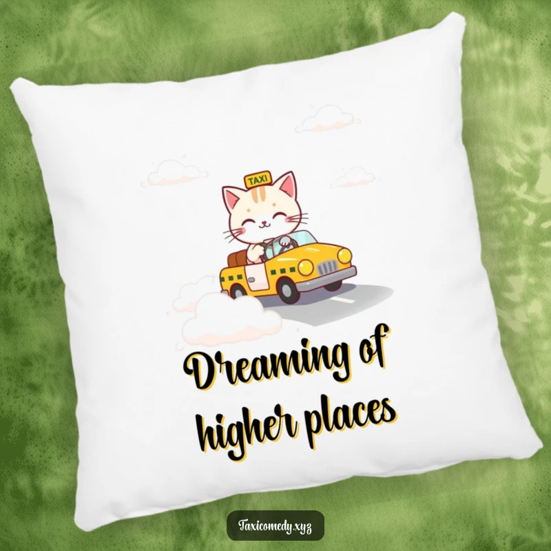 Funny decorative pillow with a cat steering a taxi down a surreal road made of fluffy clouds.