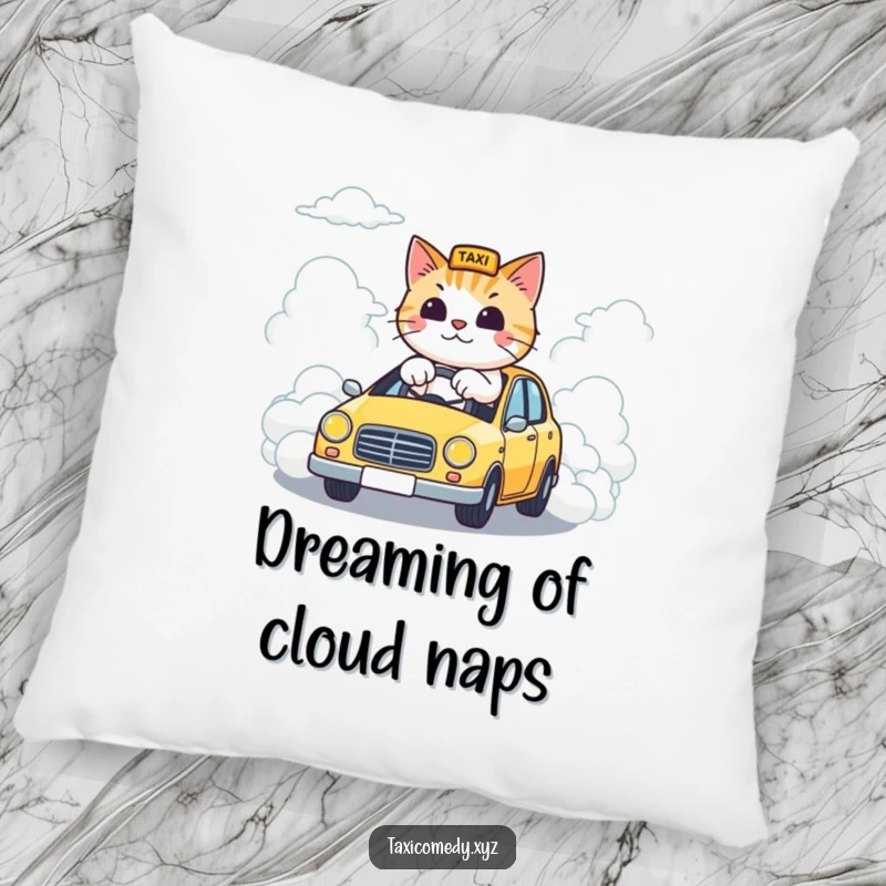 Funny pillow featuring a cat steering a taxi down a road made of clouds, offering comfort and a humorous, dreamlike touch.