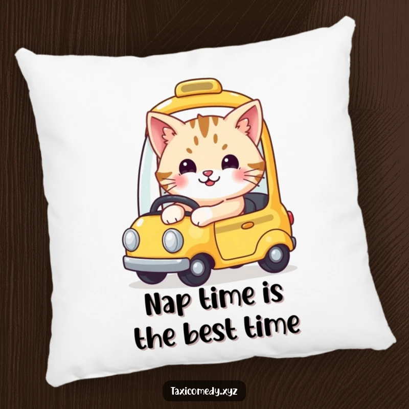 Funny decorative pillow with a cute, smiling cat driving a tiny yellow taxi, adding playful charm to any room.
