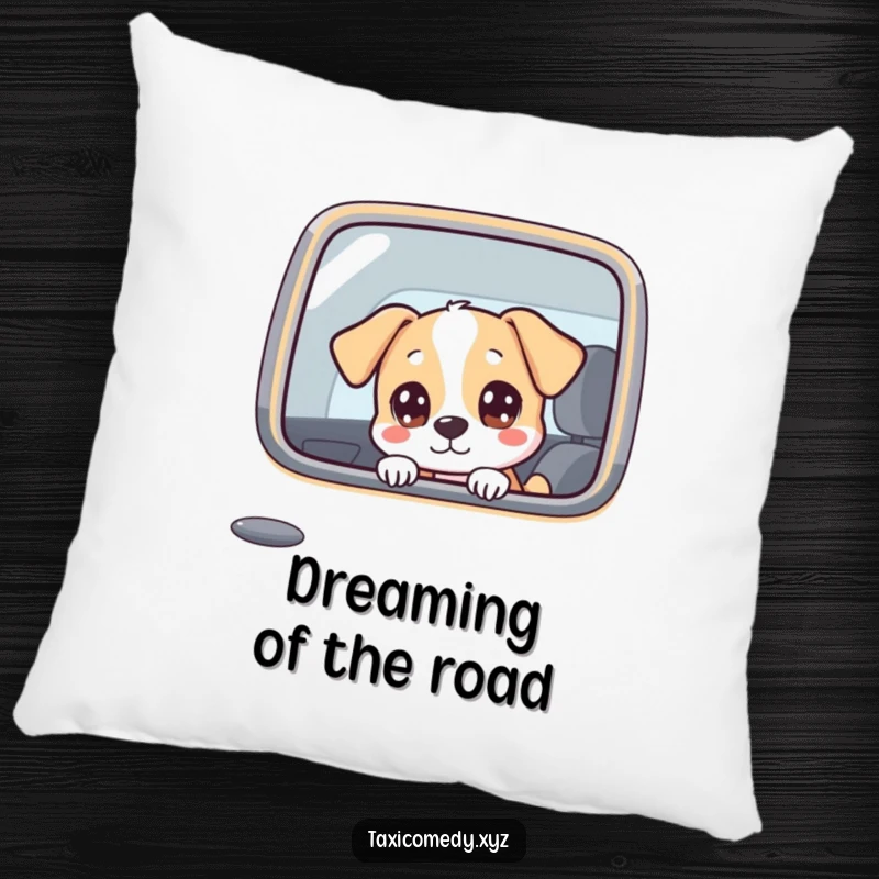 Funny dog character with wide, curious eyes looking out a taxi window, a humorous and plush home accent.