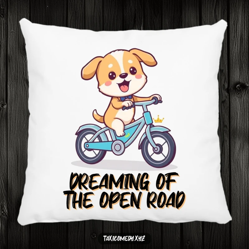 Funny dog driving a bicycle-powered taxi, a soft and humorous decorative pillow.