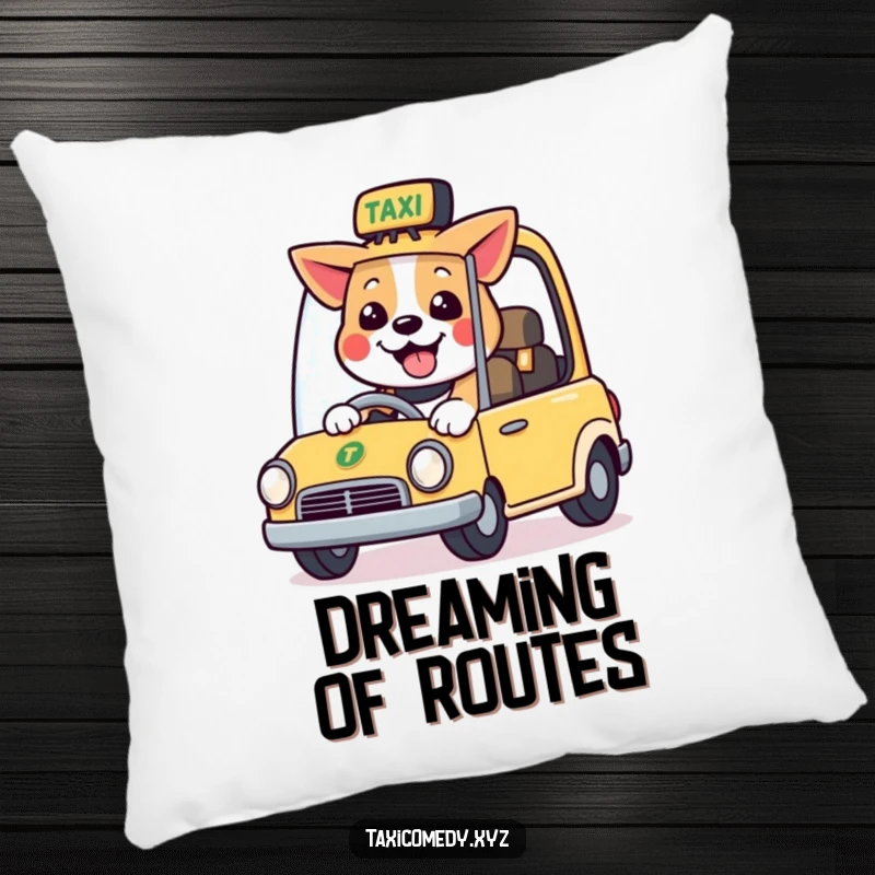 Funny pillow design of a happy dog character driving a small taxi with a smile, adding a touch of humor.
