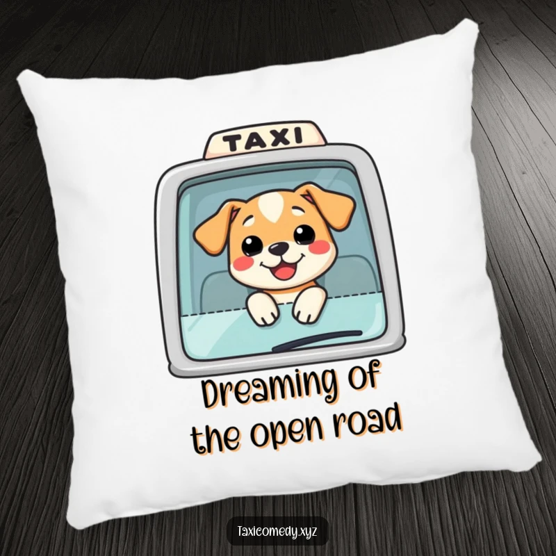 Funny Dog Taxi Pillow: A comfortable pillow showcasing a joyful dog with its head out of a taxi window, adding humor to any space.