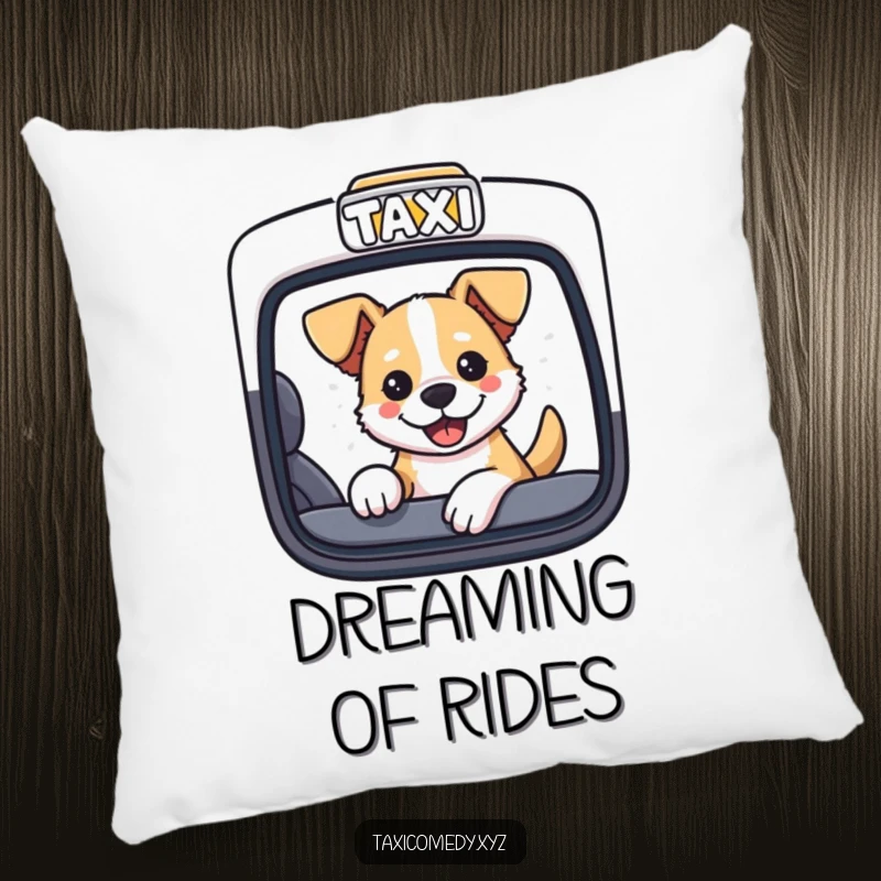 A soft pillow featuring a funny dog with its head out of a taxi window.
