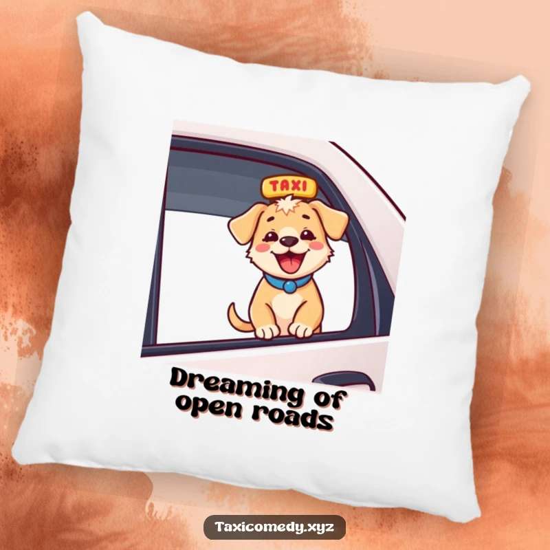 Funny energetic puppy head out taxi window, pure joy, comfortable funny gift pillow for dog lovers.