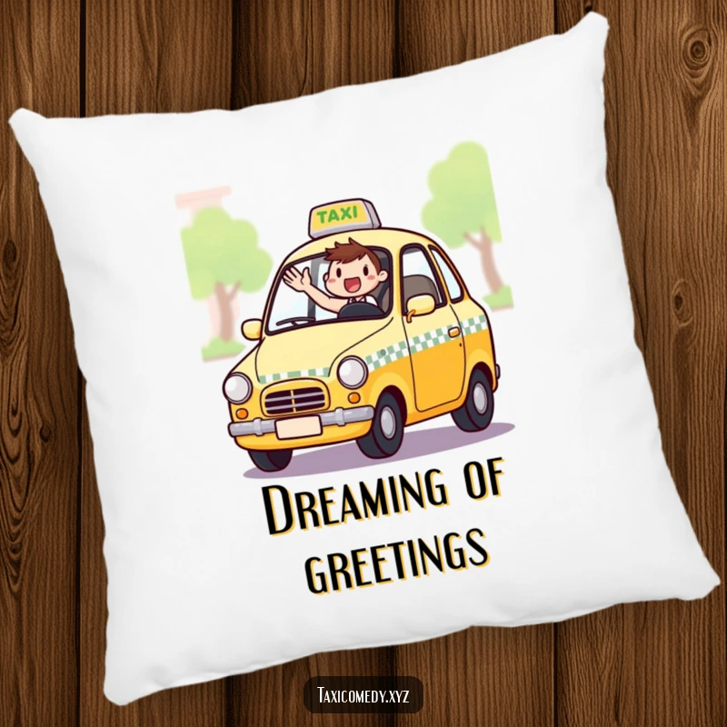 Funny pillow with an excited taxi driver waving from the window, offering comfort and humorous automotive artistry.