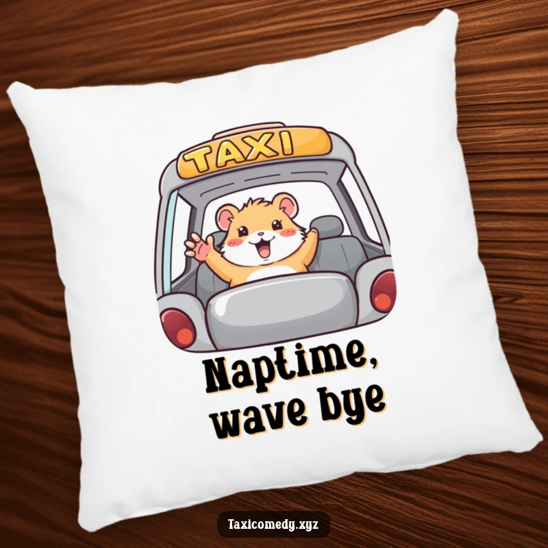 Funny hamster taxi pillow, soft cushion with a cute hamster waving from a taxi, humorous and cozy decor.