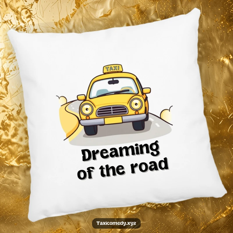 Funny pillow with a cute taxi cab driving down a winding road, offering comfort and humorous automotive artistry.