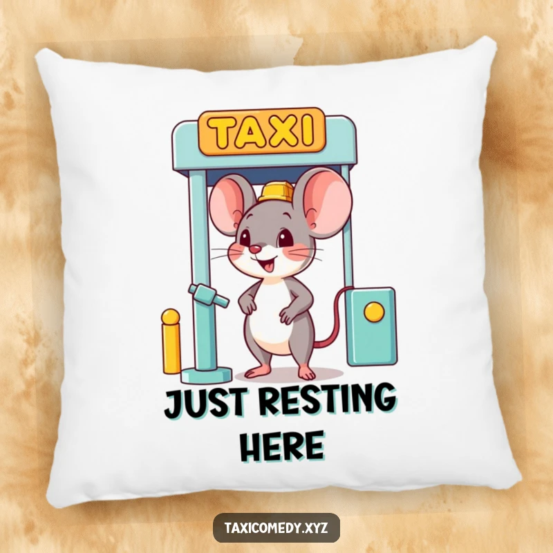 Funny happy mouse character humorously waiting at a taxi stand, designed for a cozy, amusing space.