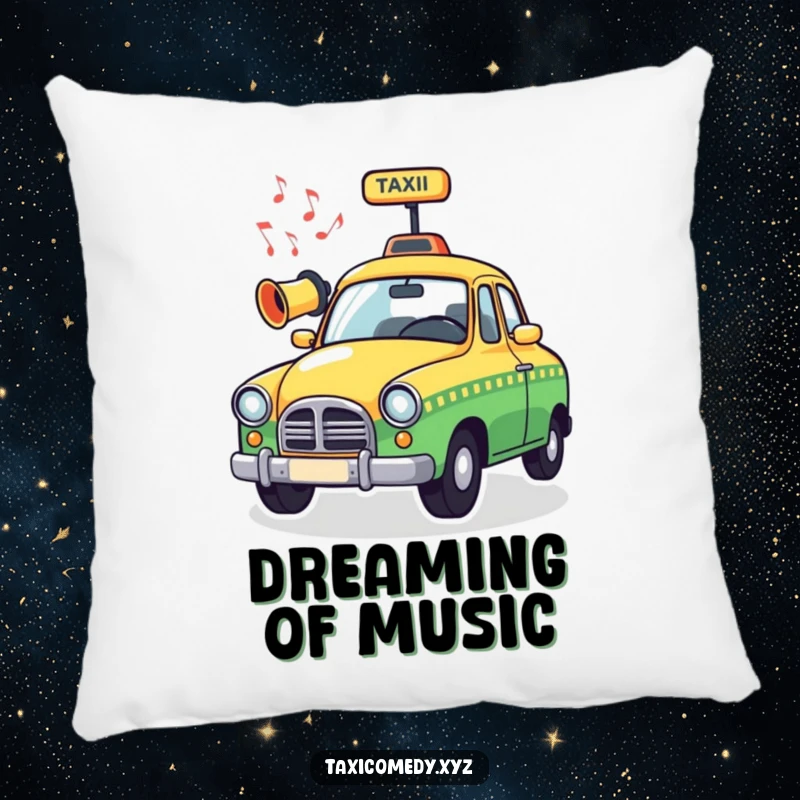 Funny Musical Taxi Pillow featuring a whimsical taxi horn emitting musical notes, designed for cozy comfort and humorous musical-themed decor.