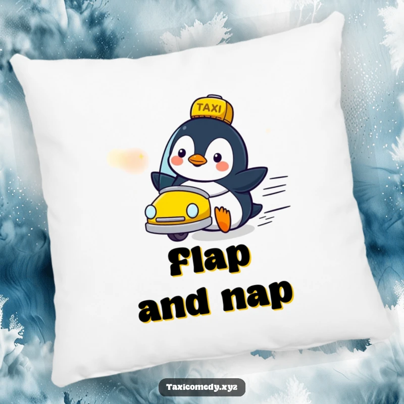 Funny penguin character pillow looking delighted as a taxi zooms by, offering comfort and cheerful decor.