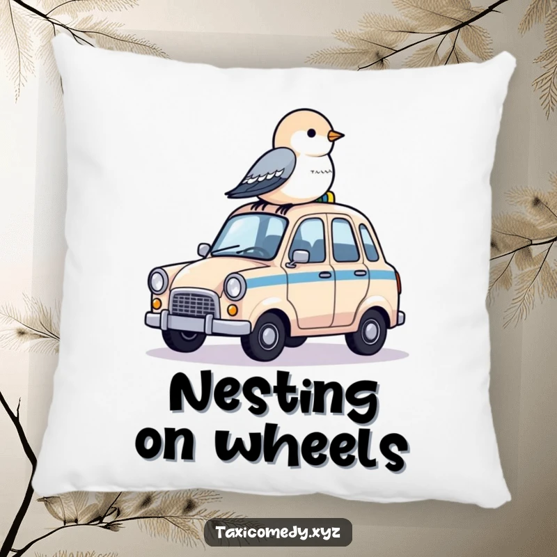 Funny pillow with a cute bird perched on the roof of a tiny taxi, perfect for comfort.