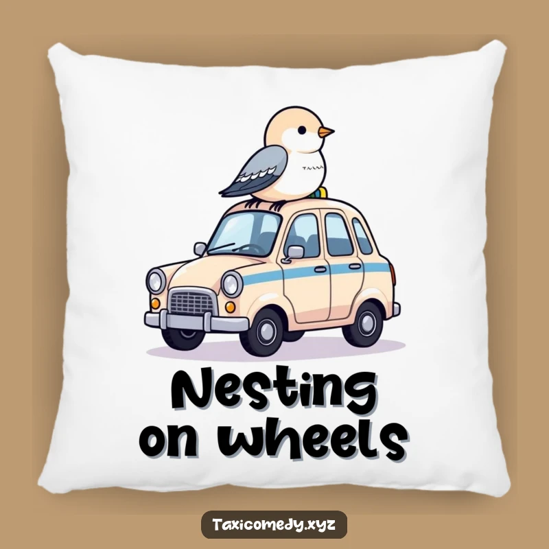 Funny Pillow: Bird on Taxi - Cozy & Cute Comfort, Unique Gift