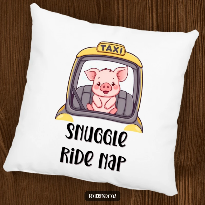 Funny pillow with a happy piglet riding in the passenger seat of a taxi, perfect for comfort.
