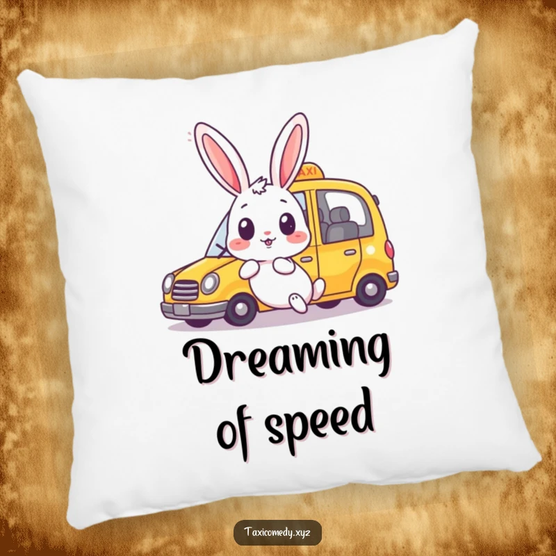 Funny rabbit pillow featuring a surprised bunny as a taxi speeds past happily. Soft and humorous home decor.