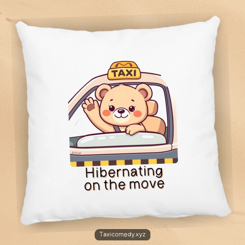 Funny bear cub waving from inside a taxi. This pillow combines comfort with cute, humorous art for a cozy home accent.
